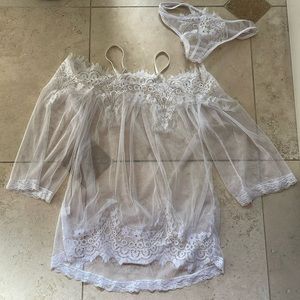 NWOT White Mesh Babydoll Negligee w/ Sleeves & Matching Panty Size Small Medium
